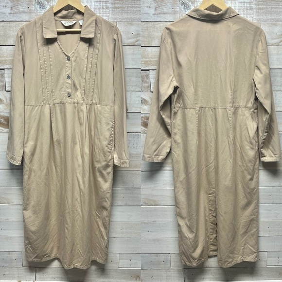 Orvis Shirt Dress Large Beige Long Sleeve Midi Half Button Pintuck Pockets USA - Picture 1 of 10